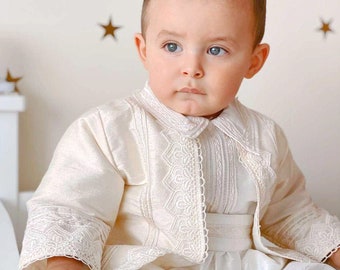 Boys Christening Outfit Burbvus B021 | 100% SILK | Handmade Baptism Gown White or Beige | Matching Hat, Hanger and Garment Bag Included