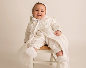 Baptism Gift Christening Gown for boy | Baby Boy Baptism Outfit White or Ivory Model B002 Burbvus | Baptismal Romper