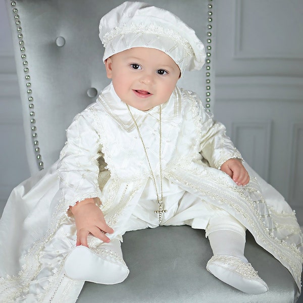 Doopjurk voor babyjongen, outfit in Spaanse stijl (ropones para bautizo). Doopoutfit B001. 100% Zijde Dupioni