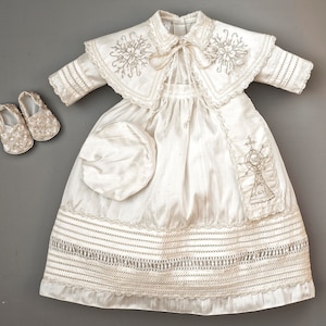 Hand Embroidered Christening Outfit Boys | HandMade Baptism Gown B007| Detachable Skirt | 100% Silk White - Ivory | Matching Shoes and Beret