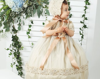 Burbvus Christening Gown Girl | Baby Lace Gown "G024" | Handmade Baptism Dress 100% Charmeuse| Lace Outfit, Matching Shoes & Bonnet