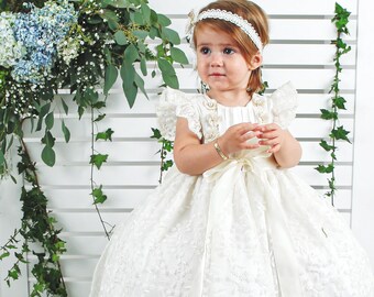 Burbvus Christening Gown Girl | Baby Lace Gown "G022" | Handmade Baptism Dress 100% Silk | Lace Christening Outfit, Matching Shoes & Bonnet