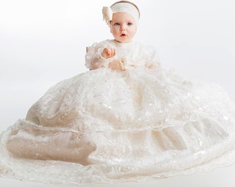 Burbvus Taufkleid für Mädchen G044 + Kerzenset | Baby-Tauf-Outfit für Mädchen, 100 % Charmeuse-Seide | Spitzenkleid, Schuhe, Haube und Diadem