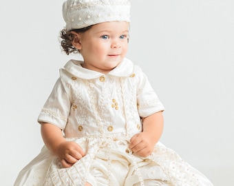 Christening & Baptism Outfit Burbvus B040| Handmade Baptism Gown 100% Silk | Beige Color | Matching Shoes, Socks, Beret Included