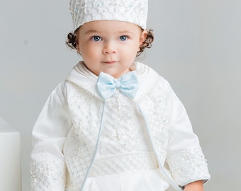 Handmade Silk Christening Outfit B039 | Ivory & Blue Baptism Gown