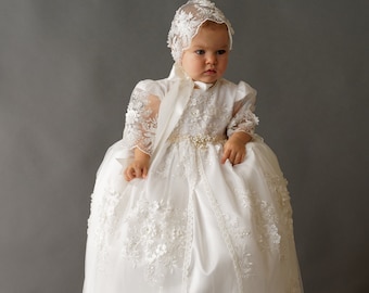 Burbvus Christening Gown "G035" | Baby Girl Lace Dress | Heirloom Baptism Dress Extra Long | Christening Outfit, Matching Shoes & Bonnet