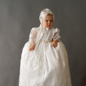 Burbvus Christening Gown &quot;G035&quot; | Baby Girl Lace Dress | Heirloom Baptism Dress Extra Long | Christening Outfit, Matching Shoes & Bonnet