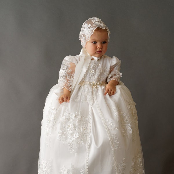 Burbvus Christening Gown "G035" | Baby Girl Lace Dress | Heirloom Baptism Dress Extra Long | Christening Outfit, Matching Shoes & Bonnet