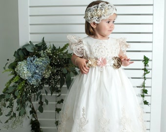 Baby Girl Batism Dress | Vintage | Burbvus Flower Dress Girl "G026" | Handmade Christening Outfit | Matching Diadem & Bonnet | Lace Dress