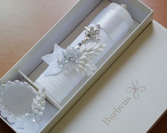 Handmade Christening Candle Set # 32 | Decorated Candle, Shell & Hanky