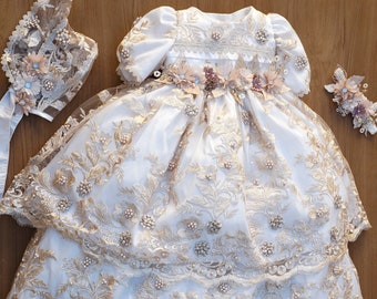 Burbvus Christening Outfit For Baby Girls | Lace Dress "G048" | Matching Shoes, Bonnet & Diadem | Heirloom Baptism Gown