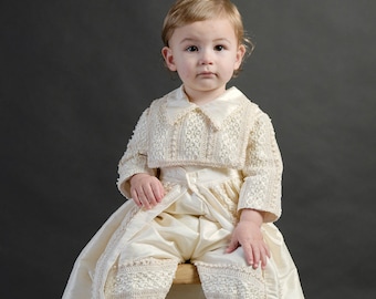 Christening & Baptism Outfit Burbvus B023 | Handmade Baptism Gown | 100% Silk | White or Beige Color | Matching Shoes and Beret Included