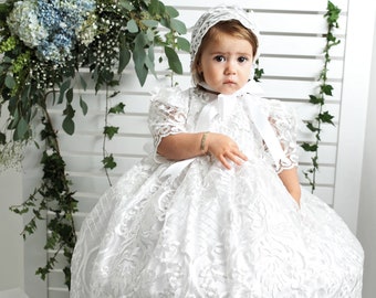 Burbvus Christening Gown "G025" | Baby Lace Dress | Handmade Baptism DressExtra Long | Christening Outfit, Matching Shoes & Bonnet