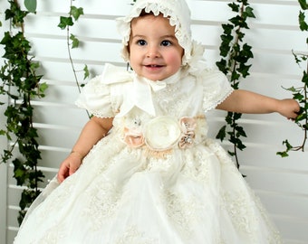 Burbvus Christening Gown Girl | Baby Lace Gown &quot;G009&quot; | Handmade Baptism Dress 100% Silk | Lace Christening Outfit, Matching Shoes & Bonnet