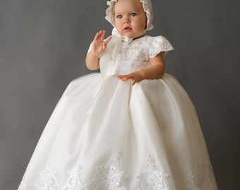 Burbvus Christening Gown Girl | Baby Lace Gown "G036" | Baptism or Flower Girl Dress With Curved Tail  | Matching Shoes & Bonnet Included