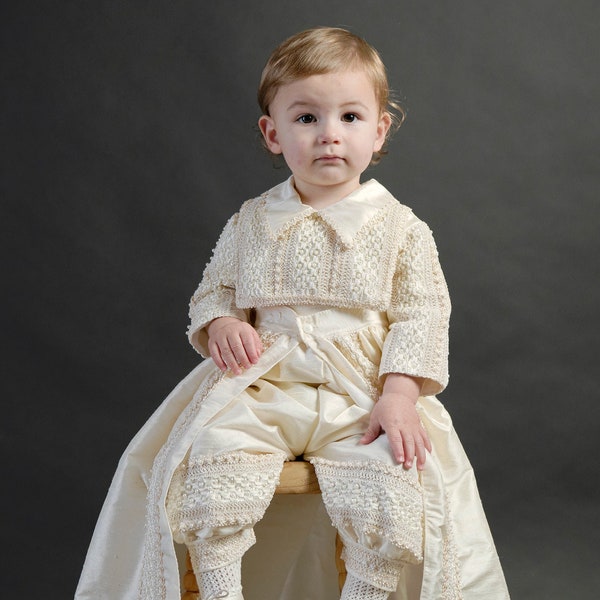 Christening & Baptism Outfit Burbvus B023 | Handmade Baptism Gown | 100% Silk | White or Beige Color | Matching Shoes and Beret Included