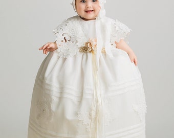 Burbvus Christening Gown "G051" | Baby Girl Lace Dress | Heirloom Baptism Dress Extra Long | Christening Outfit, Matching Shoes & Bonnet
