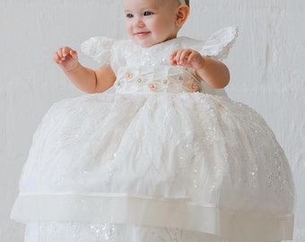 Burbvus Christening Dress for Girls G033 + Candle Set | Baby Girl Baptism Outfit 100% Charmeuse Silk | Lace Dress, Shoes, Bonnet and Diadem