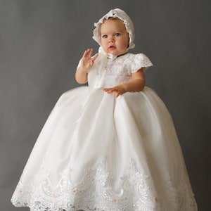 Burbvus Christening Gown Girl | Baby Lace Gown &quot;G036&quot; | Baptism or Flower Girl Dress With Curved Tail  | Matching Shoes & Bonnet Included