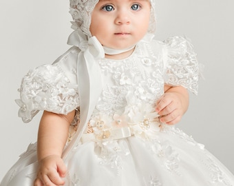 Burbvus Christening Dress for Girls G061 | Baby Girl Baptism Outfit 100% Charmeuse Silk | Lace Dress,, Bonnet and Diadem
