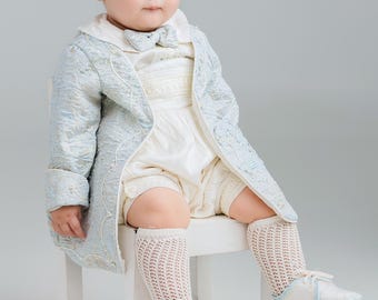 Baby Boy Christening Outfit B038, 100% Dupioni Silk, Handmade Baptism Gown Beige or Blue Color, Matching Hat, Shoes Hanger & Garment Bag