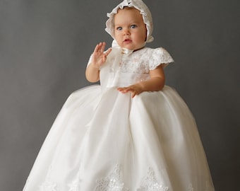 Baby Girl Christening Gown | 100% Charmeuse Silk Lace Baptism Dress, Bonnet, Booties