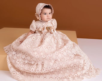 Burbvus Christening Gown Girl | Baby Lace Gown "G015" | Handmade Baptism Dress | Lace Christening Outfit, Matching Shoes & Bonnet