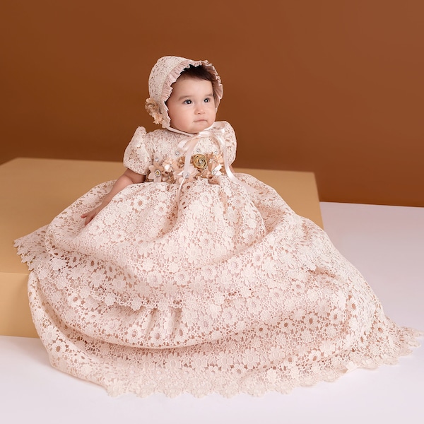 Burbvus Christening Gown Girl | Baby Lace Gown "G015" | Handmade Baptism Dress | Lace Christening Outfit, Matching Shoes & Bonnet