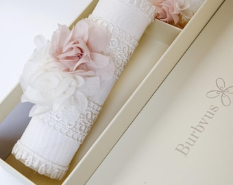 Handmade Ivory / Rose Gold Baptism Candle Set #62 | Christening Gift with Shell & Hanky