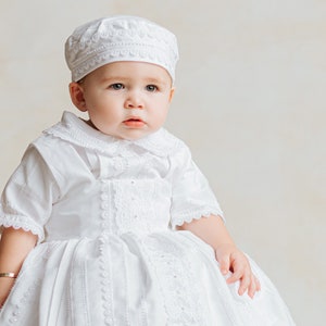 Baptism or Christening Gown B031 Burbvus Handmade Baptism Outfit 100% Premium Linen White or Ivory Matching Shoes and Beret Included image 1
