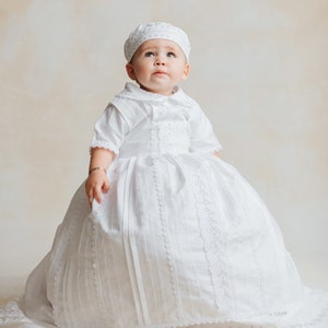 Baptism or Christening Gown B031 Burbvus Handmade Baptism Outfit 100% Premium Linen White or Ivory Matching Shoes and Beret Included image 2