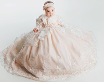 Burbvus Christening Gown For Girls G045 Baby Lace Outfit Baptism Lace  Dress Virgin Mary Medal Pin Included
