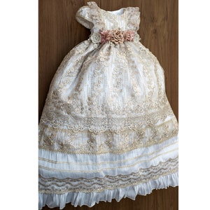 Burbvus Christening Gown For Baby Girls | Lace Dress "G029" | Handmade 100% Silk | Heirloom Baptism Outfit, Matching Shoes, Bonnet & Diadem.