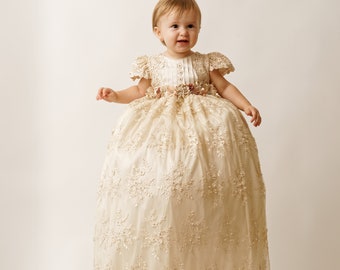 Baby Girl Christening Dress G030 | Handmade Lace Baptism Gown | Heirloom Christening Outfit | Beige | Bonnet & Booties