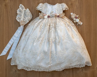 Burbvus Christening Gown For Baby Girls G030 | Handmade Baptism or Blessing Lace Dress | Heirloom Christening Outfit Matching Shoes & Bonnet