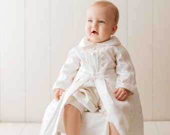 Baptism or Christening Outfit B027 Burbvus  | Handmade Baptism Gown | 100% Dupioni Silk | Ivory Color | Matching Shoes and Beret Included