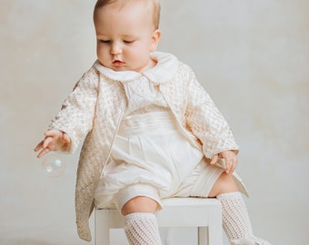 Boys Christening Outfit Burbvus B028 | 100% SILK | Handmade Baptism Gown White or Ivory | Matching Hat, Shoes | Slim Fit