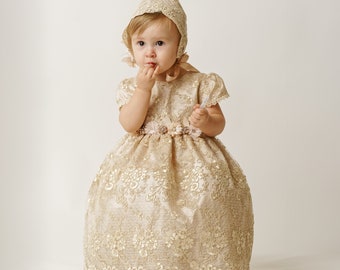 Abito per la dedica della neonata / Abito da battesimo vintage Burbvus per bambina G032 / Completo e cuffia per battesimo fatti a mano / Bianco sporco
