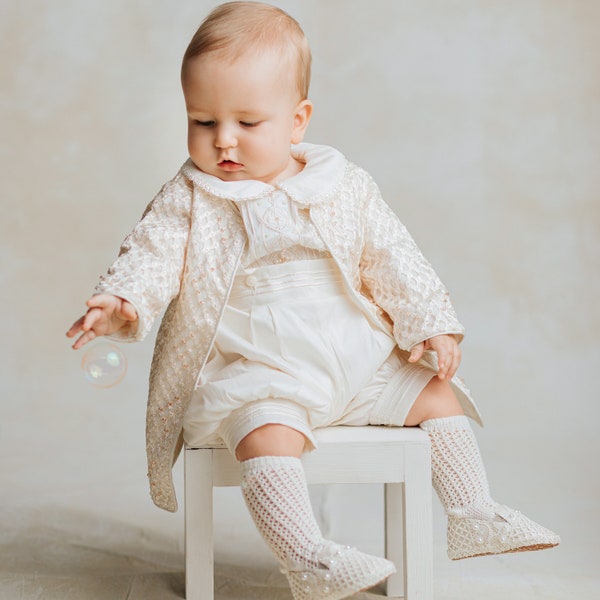 Boys Christening Outfit Burbvus B028 | 100% SILK | Handmade Baptism Gown White or Ivory | Matching Hat, Shoes | Slim Fit
