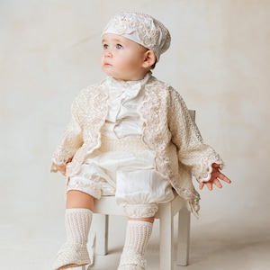 Boys Christening Outfit Prince B032, 100% SILK Dupioni, Handmade Baptism Gown Beige or White Color, Matching Hat, Shoes Hanger & Garment Bag