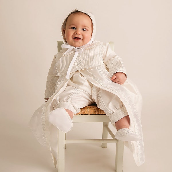 Baptism Gift Christening Gown for boy | Baby Boy Baptism Outfit White or Ivory Model B002 Burbvus | Baptismal Romper