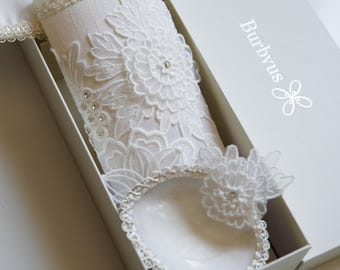 Handmade Christening Candle Set #51 | Off White Embroidered Details