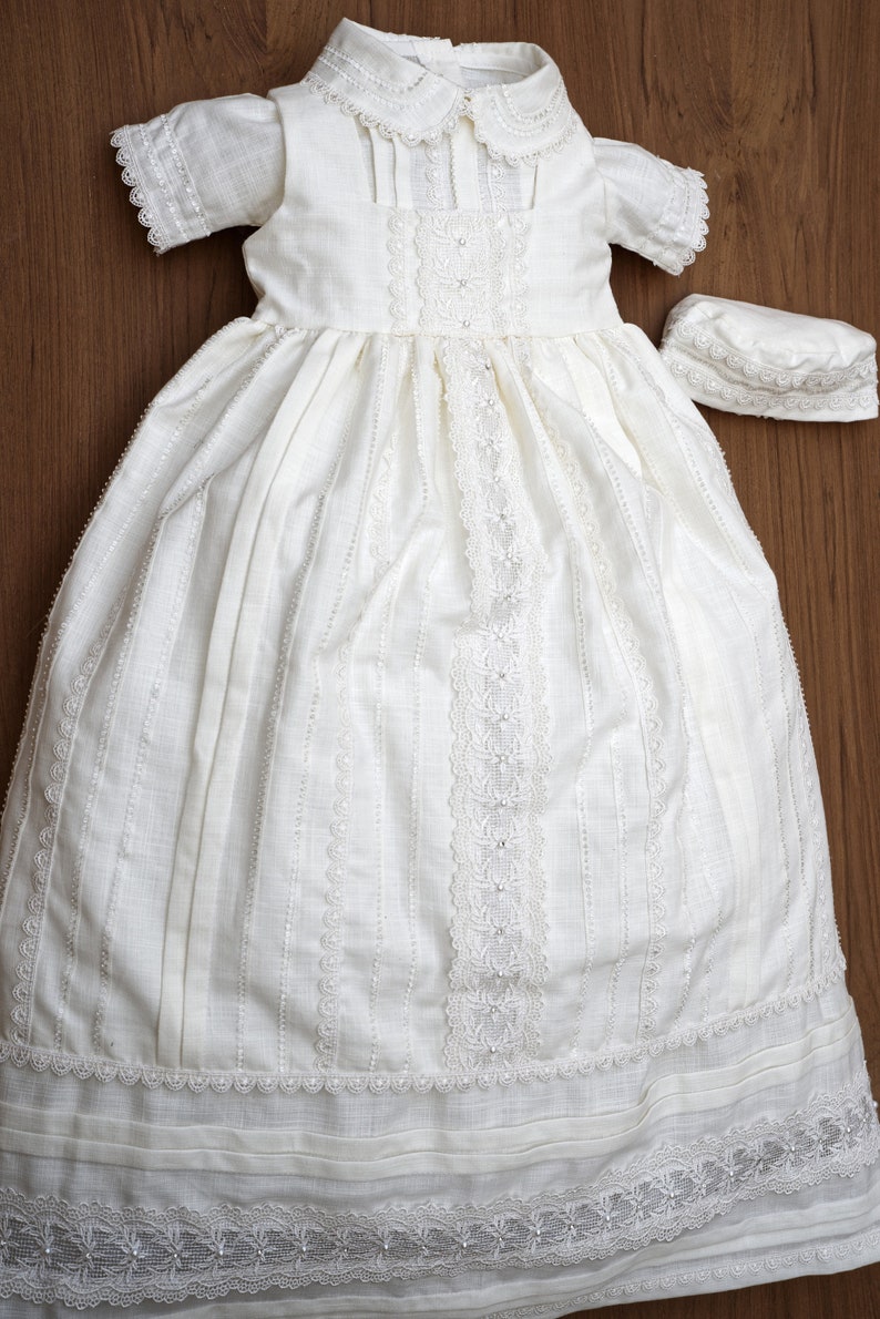 Baptism or Christening Gown B031 Burbvus Handmade Baptism Outfit 100% Premium Linen White or Ivory Matching Shoes and Beret Included image 7