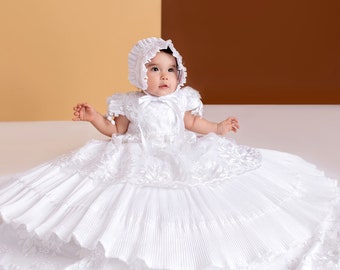 Burbvus Christening Gown for Girls | Baby Lace Gown "G027" | Handmade Baptism Dress | Lace Outfit Baby Girl, Matching Shoes & Bonnet