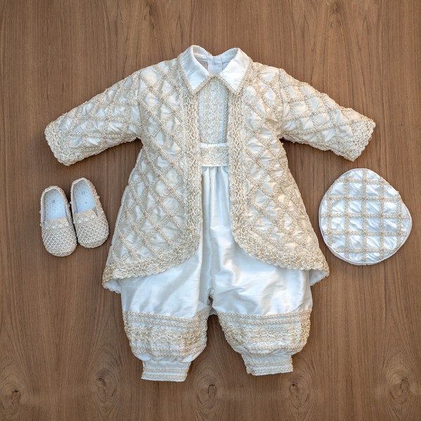 Boys Christening Outfit Prince B029 | 100% SILK Dupioni | Handmade Baptism Gown White or Beige | Matching Hat, Shoes, Hanger & Garment Bag