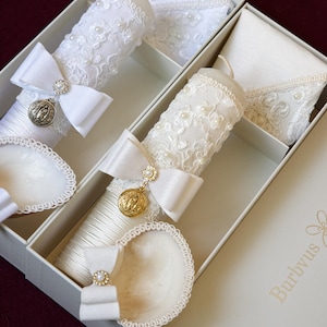 Baptism Candle Set #49 | Christening Candle with Medal | Baptism Accessories | Shell & Hanky | Ivory or White