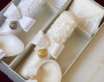 Handmade Christening Candle Set Burbvus Model #49 With Medal | Baptism Candle Religious, Ivory Color | Shell and Hanky Included