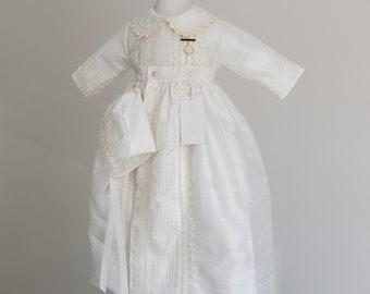 Handmade Dupioni Silk Christening Gown B009 – Spanish Baptism Outfit with Medal & Pin