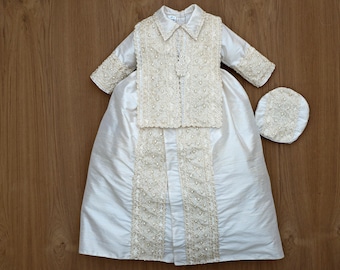 Baptism / Christening Outfit B026 Burbvus  | Handmade Baptism Gown | 100% Silk | White or Beige Color | Matching Shoes and Beret Included