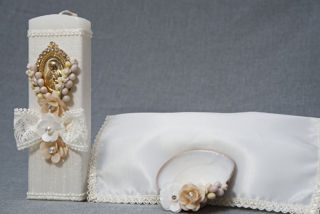 Handmade Christening Candle Set Burbvus Model 27 Virgin Mary Baptism